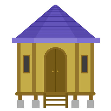 Traditional wooden house on stilts with purple roof and yellow walls isolated on black background