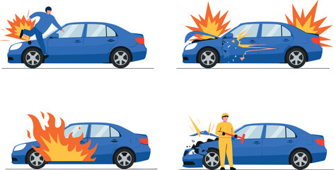 Fototapeta premium Car Accident and Emergency Response Illustration Set with Fire, Damage, and Rescue for Vehicle Safety Designs