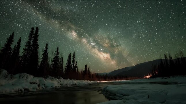 Majestic Milky Way Galaxy Arches Over a Winter River Landscape with Silhouetted Evergreen Trees and Snow-Covered Banks A Stunning Nightscape