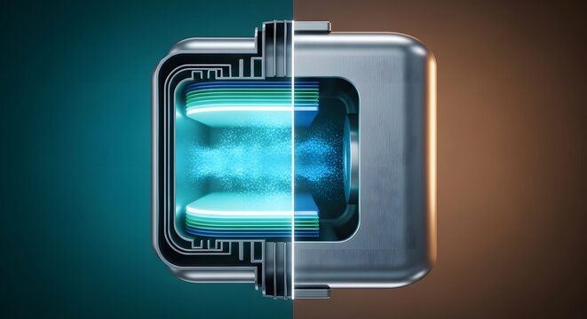 Futuristic glowing blue solid-state battery cell or advanced microchip processor, visualizing next generation hardware