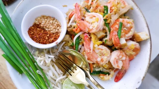 A close up, cinematic top-down shot of traditional thai pad see ew, a delicious and popular asian street food dish with fresh shrimp, vegetables