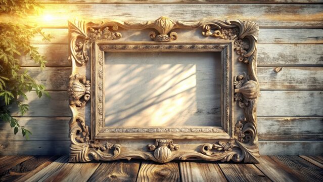 A photo of an aged wooden frame with a vintage texture on a pristine white background, featuring intricate carvings and faded paint, surrounded by sof