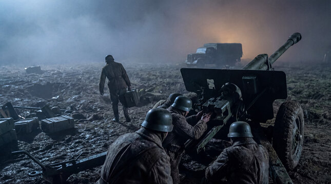 Soldiers operating historical artillery cannon on a misty, muddy battlefield at night, depicting wartime action.