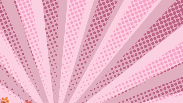 Pink pop art background with cherry blossom petals and radial rays