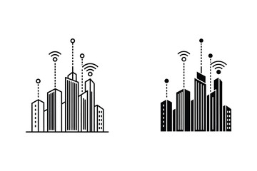 Fototapeta premium Smart City Skyline with WiFi Signals and Connected Buildings, Flat Design Vector Illustration