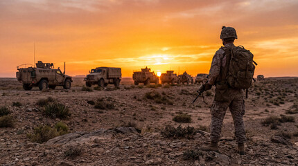 Lone soldier with a backpack standing in a vast, arid desert landscape watching a convoy at a vivid sunset. © Stephen