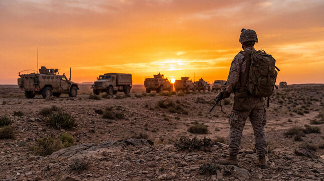 Lone soldier with a backpack standing in a vast, arid desert landscape watching a convoy at a vivid sunset.