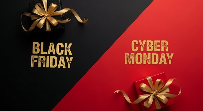 Black friday and cyber monday sale announcement with golden gift decorations