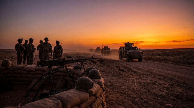 Military personnel observe an armored vehicle convoy departing into a dusty desert during a vibrant sunset at dusk.