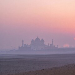 Obraz premium Silhouette of a grand mosque at sunrise in the desert haze. Beautiful Islamic architecture under a pink and purple sky. Spiritual travel and cultural heritage background.
