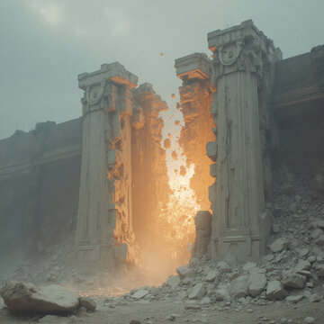 Ancient Ruin Portal: Dramatic light beam illuminating crumbling colossal columns