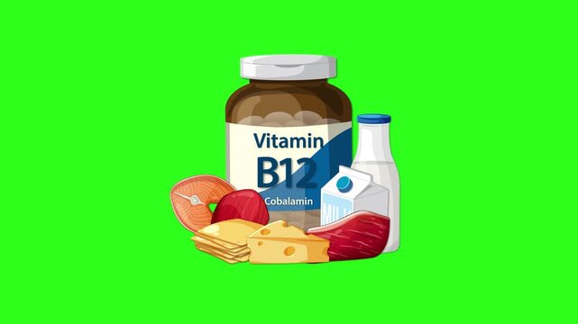 Vitamin B12 supplement bottle with natural food sources and milk carton animated on green screen.