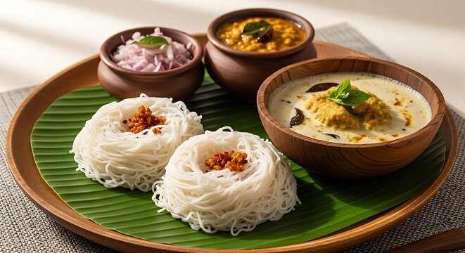 Traditional South Indian meal string hoppers, curries, onions, and accompaniments, served on a leaf