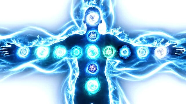 A human figure with glowing blue energy and seven chakras on a white background