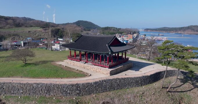 Aerial Drone Footage of Peaceful Ocheon Port and Chungcheong Suyeongseong Fortress, Boryeong, South Korea