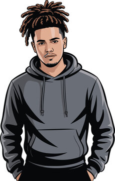 Trendy young man with braided dreadlocks wearing hoody vector on white background.