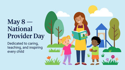Naklejka premium National Provider Day with caregiver teaching children outdoors, early childhood education and care concept, modern flat vector illustration