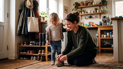 Obraz premium Man helps child tie shoes in home entryway