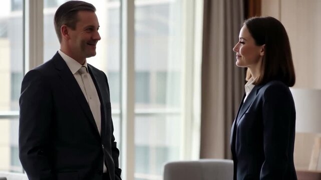 Male And Female Managers Exchange Firm Handshake Through Windowed Conference Room. Executives In Tailored Suits Deliver Warm Smiles While Establishing Successful Professional Collaborations Indoors