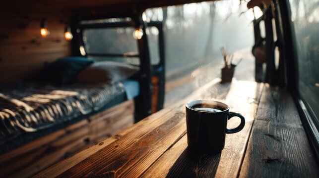 Cozy van interior with coffee cup on wooden table near bed