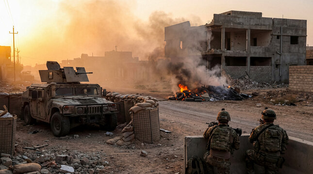 Two military soldiers in protective gear observe a burning structure and military vehicle in a war-damaged landscape.