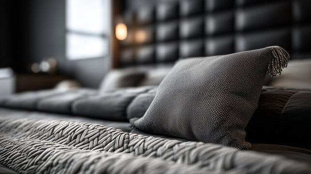 Cozy grey bed with pillow, headboard and comfort bedding set with home decor bedroom with natural sunlight