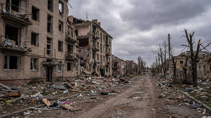 Fototapeta premium Devastated street in an urban residential area with severely damaged apartment buildings under a gloomy sky.