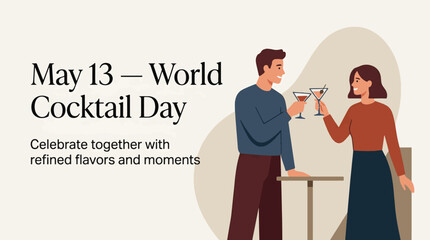 Fototapeta premium World Cocktail Day with couple toasting drinks, mixology and celebration concept, modern flat vector illustration