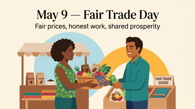 An illustration depicting Fair Trade Day on May 9th, with a woman selling goods to a man at a market stall, emphasizing fair prices and honest work.