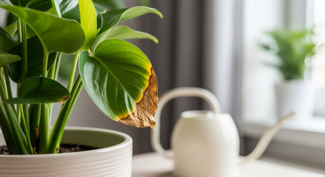 Leaf tips browning from overwatering symbolizing plant care mistake
