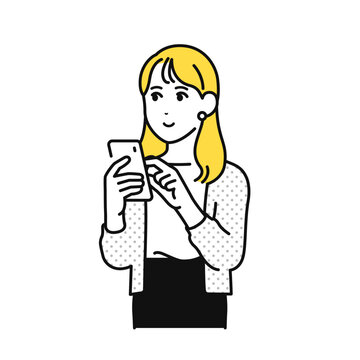 スマホを見るロングヘアの若い女性のイラスト素材