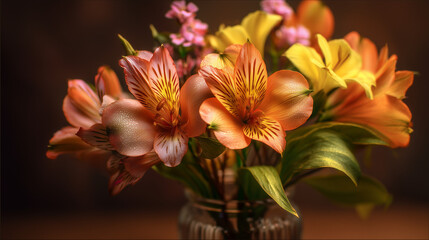 Fototapeta premium Colorful bouquet of orange, yellow, and pink flowers in a glass vase a symbol of beauty and elegance