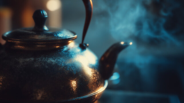 Close-up vintage tea kettle boiling water with steam billowing a sense of warmth 
