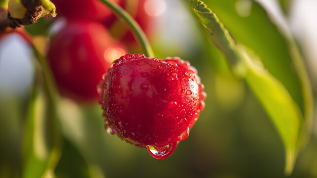 A close-up of a ripe cherry with water droplets, vibrant red against a softly blurred background.