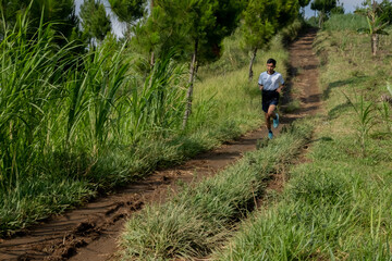 Obraz premium Young man jogs through misty forest trail. Green foliage surrounds him with lush trees. He moves steadily, focused on his pace. Mist shrouds distant hills behind him. Ideal for health, fitness