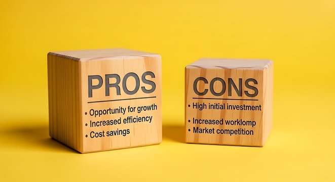 Wooden blocks labeled "PROS" and "CONS" against a yellow background, listing their attributes