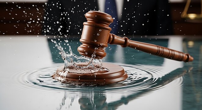 Wooden gavel striking water, creating splash, in a courtroom setting; focus on justice