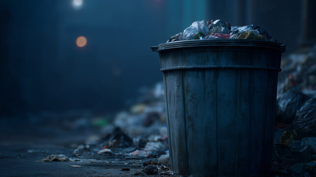 Trash bin overflowing on a city street at night amidst urban litter