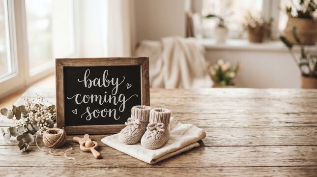 Baby coming soon sign with booties on rustic wooden table indoors