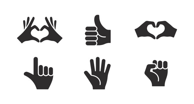 Set of black hand gesture silhouettes including heart shape thumb up palm and fist icons.