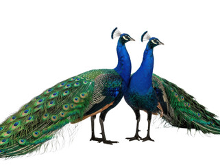Fototapeta premium Two vibrant peacocks standing together and posing with long iridescent tail feathers in a clean studio portrait isolated on a white background.