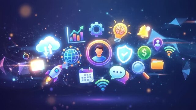 Digital cloud network technology icons glowing internet service concept with data security communication finance and growth symbols digital icon set with cloud globe chart gear shield message folder