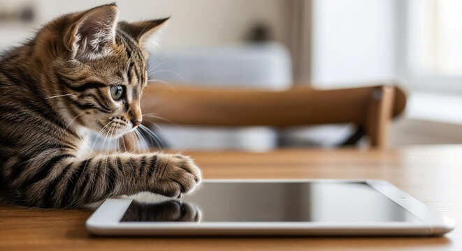 Kitten pawing at touchscreen tablet symbolizing playful learning