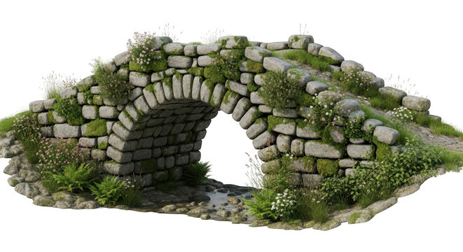 Ancient stone bridge covered in moss and small flowers, isolated