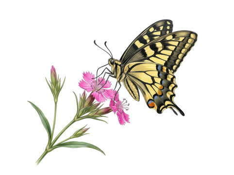 A detailed watercolor illustration of a yellow and black swallowtail butterfly feeding on delicate pink flowers, isolated on a white background.