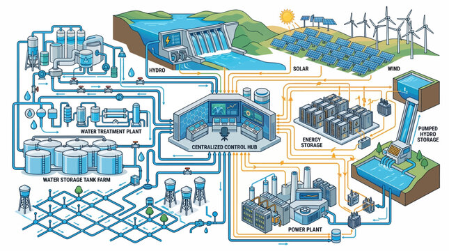 A detailed infographic of industrial processes and renewable energy systems.