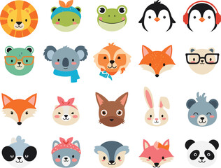 Obraz premium Cute Animal Face Icons Set with Lion, Frog, Penguin, Fox, Bear, Panda and Cartoon Wildlife Illustration Collection