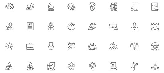 Fototapeta premium Human Resources icon set. Business related line icons: HR, recruitment, employment, office, management, business people, teamwork, resume, career and more. Editable stroke.