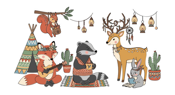 Boho Forest Animals Illustration: Fox, Deer, Raccoon, Squirrel, Rabbit, Teepee, Lights