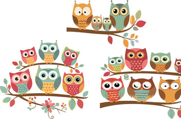 Fototapeta premium Cute Owl Birds on Branch Set with Colorful Cartoon Characters, Forest Leaves and Adorable Animal Illustration Collection